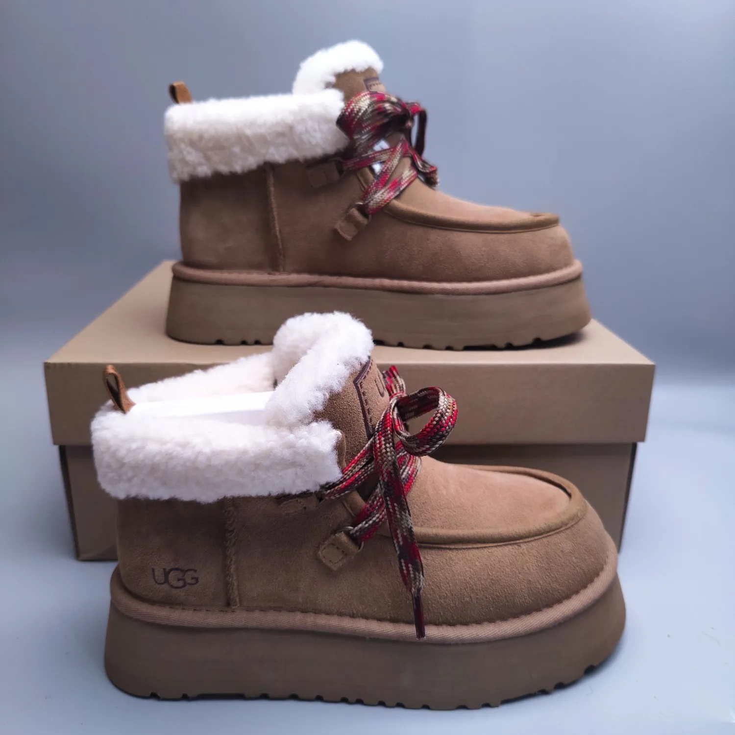 💰560 UGG sheepskin all-in-one snow boots 3954 thick-soled lace-up women's boots Color: Maroon Black Chocolate Brown Gray Size: 35-41